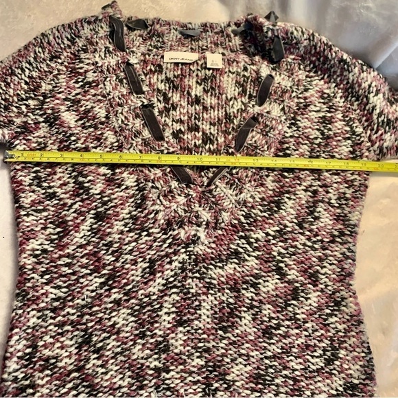 DKNY Sweater Large Acrylic Wool Alpaca Purple Gray White V-neck Ribbon Knit - Picture 14 of 16
